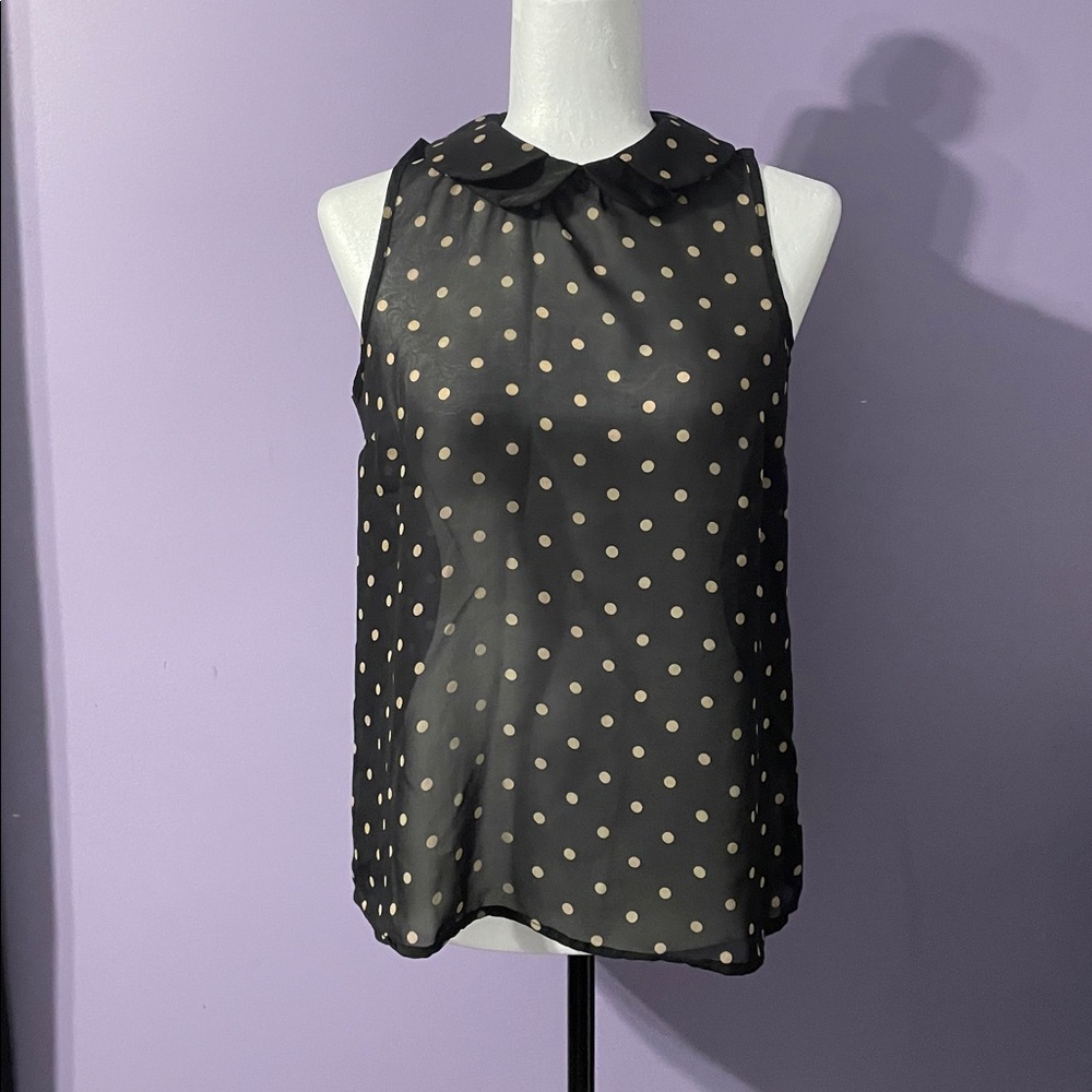 Cynthia Rowley Sleeveless Black and Cream Peter Pan Collar Polka Dot Top Size M